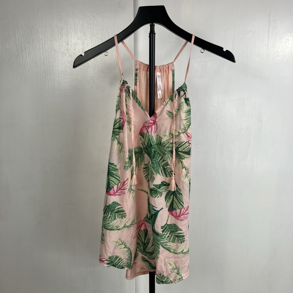 Gilligan & O'Malley Women's Pajama Shirt Tropical Sleeveless Pink Tassels S